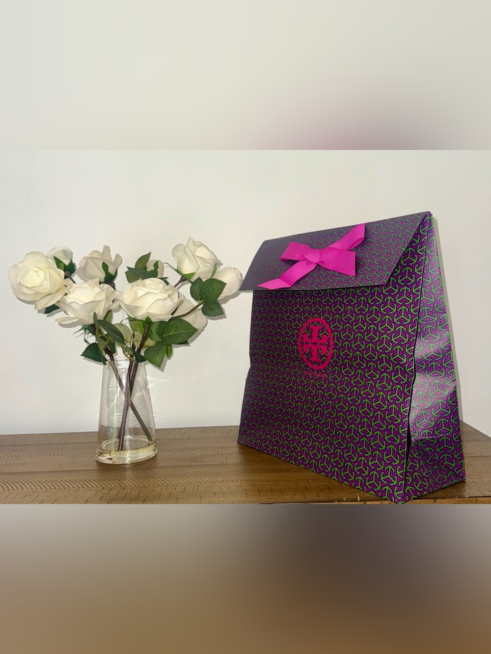 Tory Burch Purple and Hot Pink Patterned XL Gift Bag